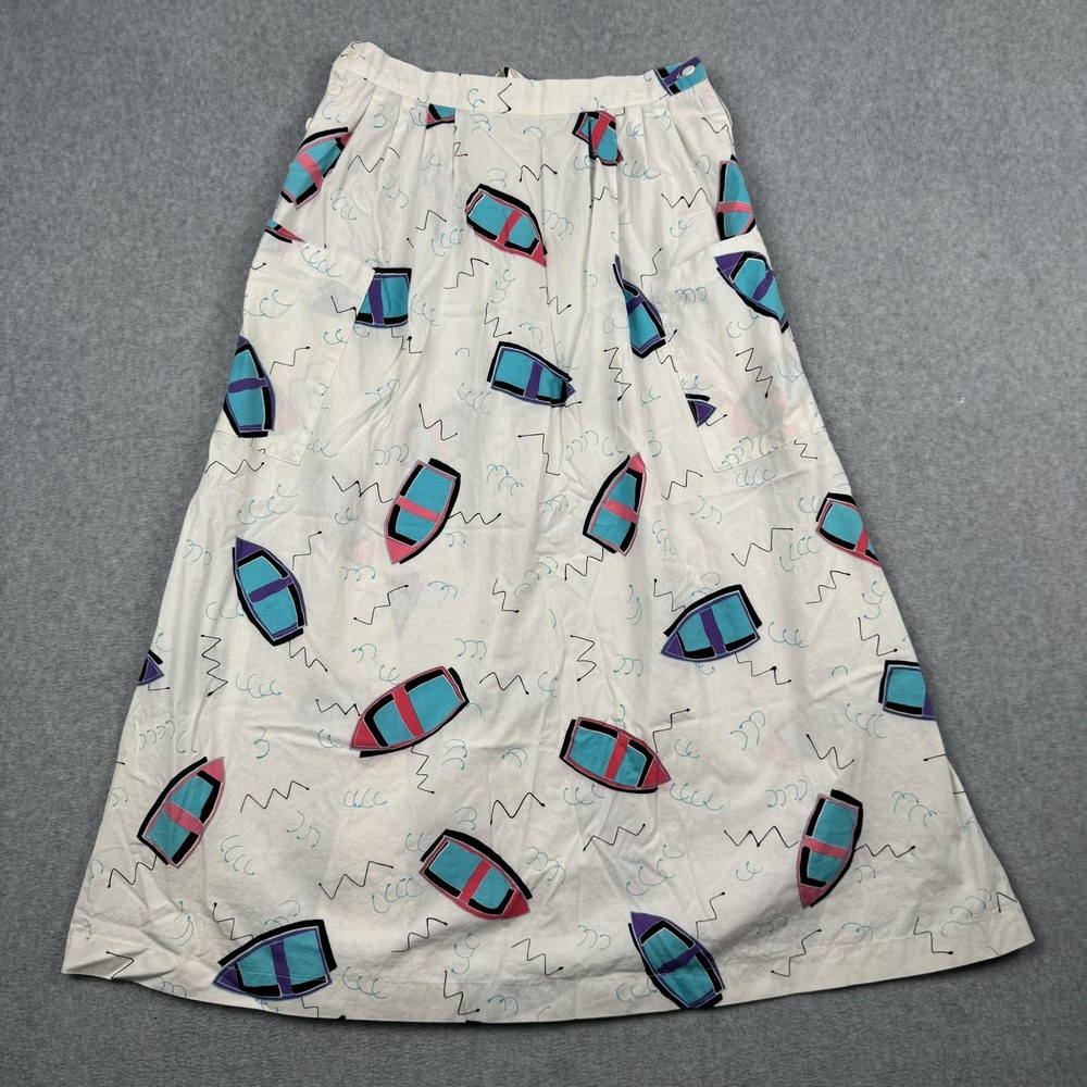 Vintage Alpenblick Skirt Womens Size 10 White Nautical‎ Novelty Boat Print Midi